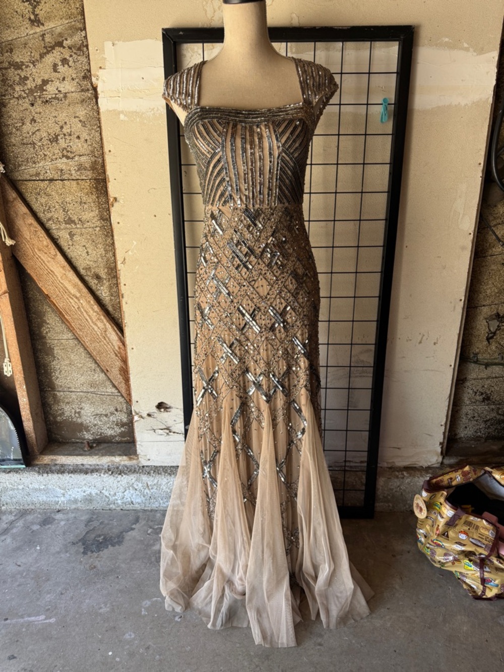 Adrianna Papell Taupe Beaded Maxi Dress
